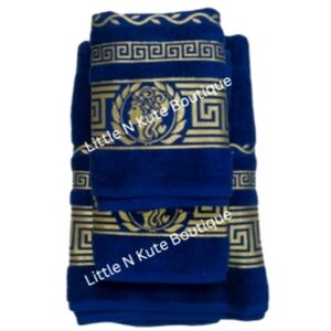 3 piece Navy & Gold Towel Set, 1 Bath Towel, 2 Hand Towels Cotton Embroid…